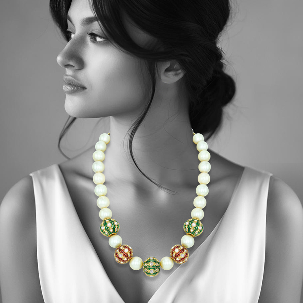 South Sea Pearl Necklace with Polki Red and Green Enamel Beads